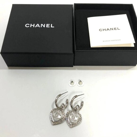 CHANEL CC Logos Rhinestone Pearl Hoop Earrings Silver Tone B23B Auth - Picture 1 of 9